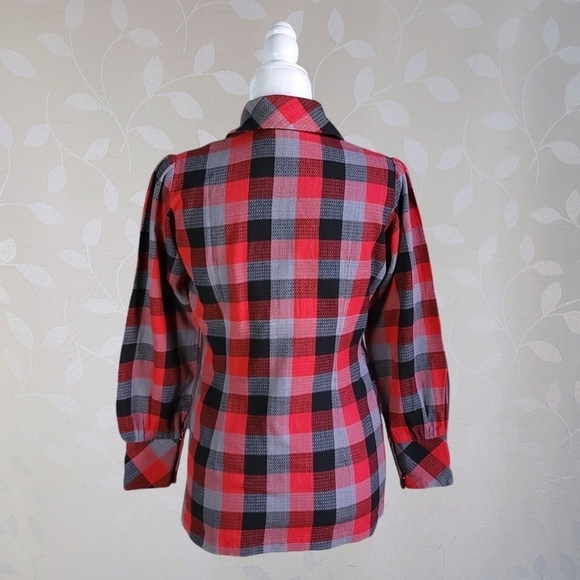 Vintage 60s 70s Buffalo Plaid Dagger Collar Handmade Popover Tunic Top Red Gray - Picture 10 of 16